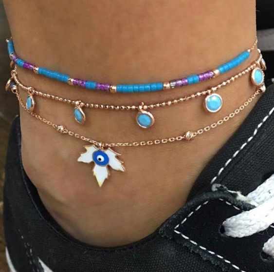 Emotional Rice Beads Leaf Eye Anklet 3-Piece Set