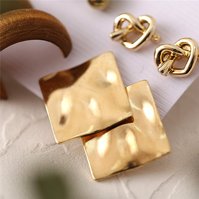 Drop-shaped Wood And Metal Square Heart Earrings Set