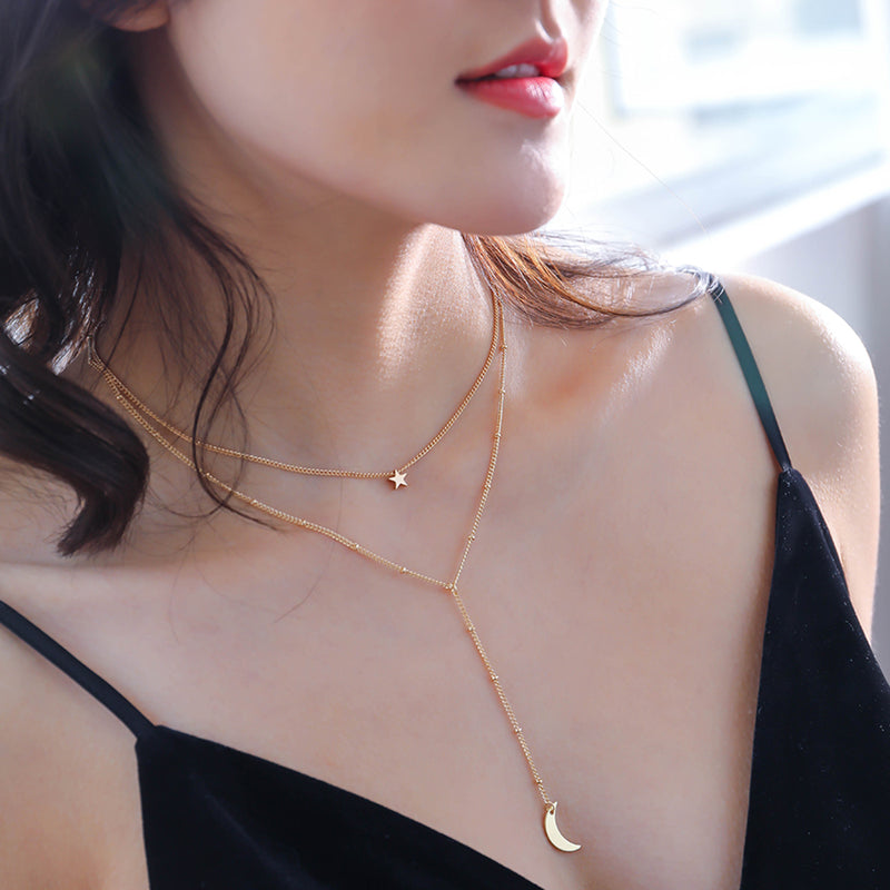 Copper Star Moon Y-shaped Multilayered Chain Necklace