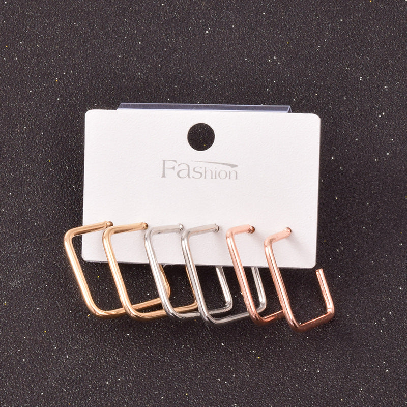 Gold Metal Hoop Square Earrings Set