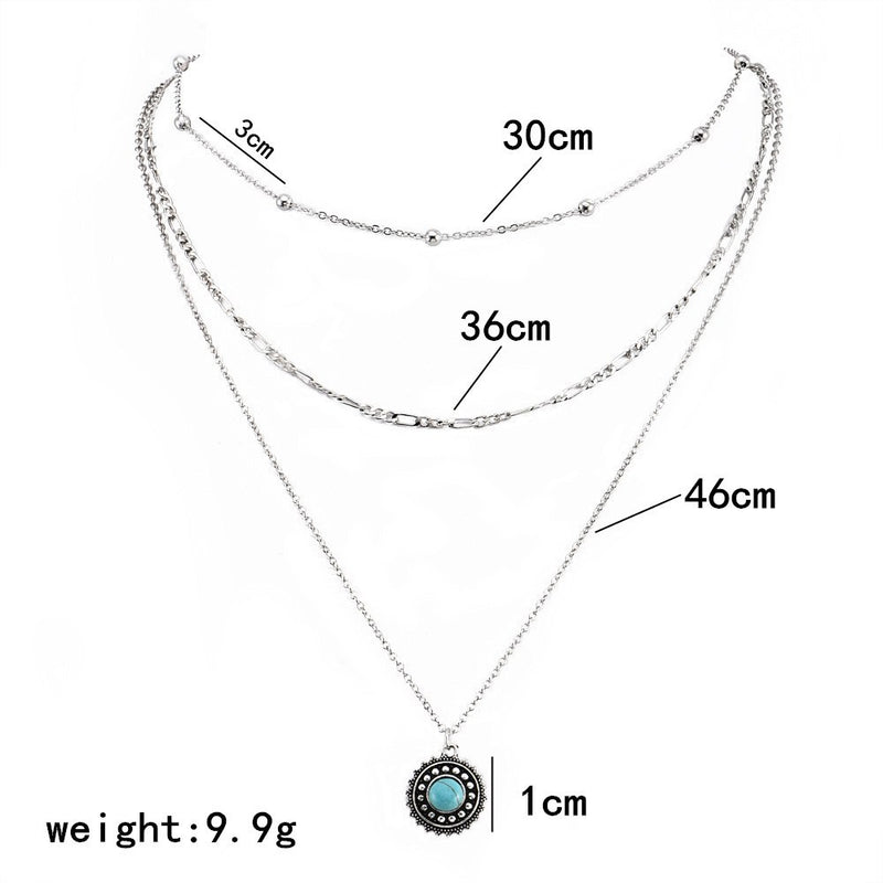 Alloy Ancient Silver Turquoise Pendant Women Multi-layer