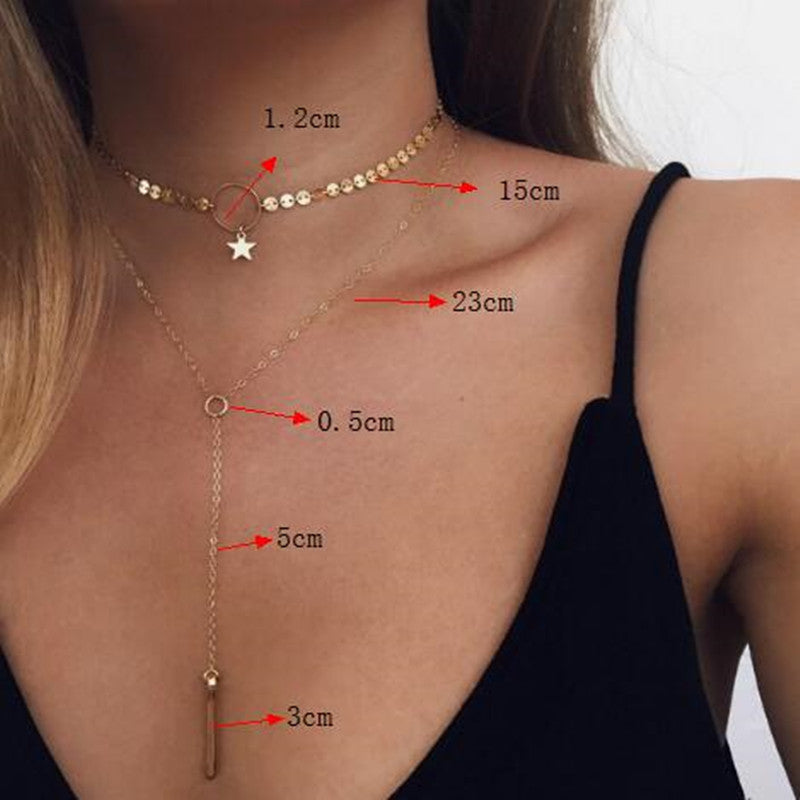 2021 Bohemia Multi Layer Star Moon Tassel Choker Necklace Charm Long Chain Circle Pendent Necklace Jewelry Gifts for Women Girls