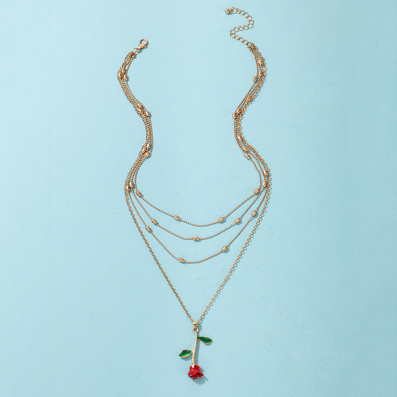 Rose Flower Dripping Oil Alloy Multilayer Necklace