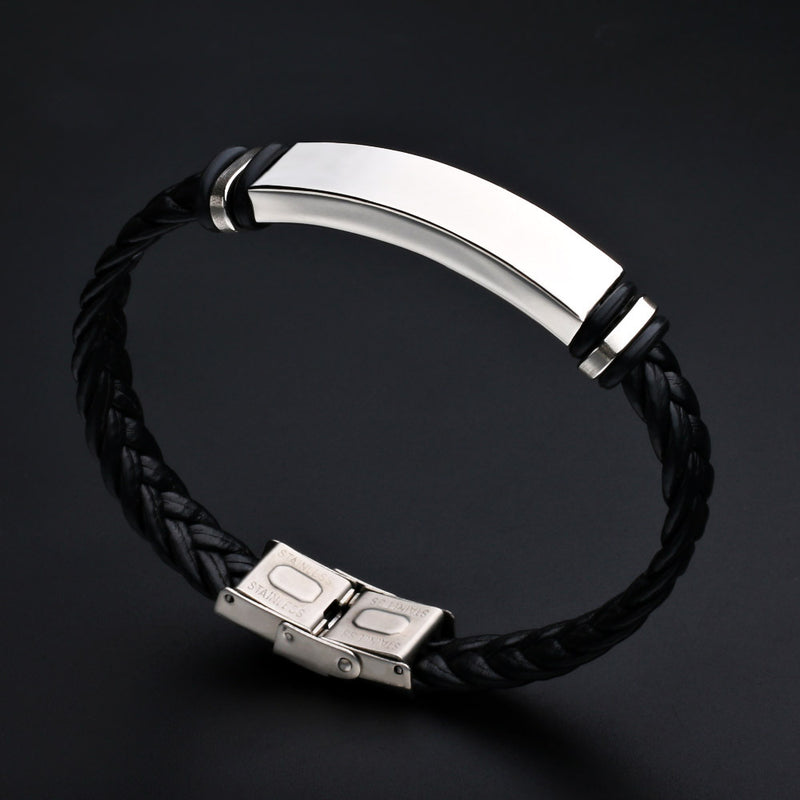 Men's Leather Braided Bare Plate Stainless Steel Bracelet