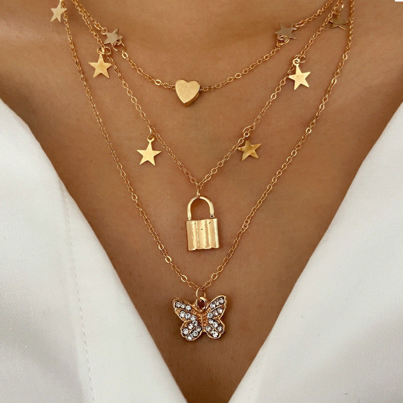 Pendant Necklace Creative Stacking Lock Love Multi-Layer Clavicle Chain