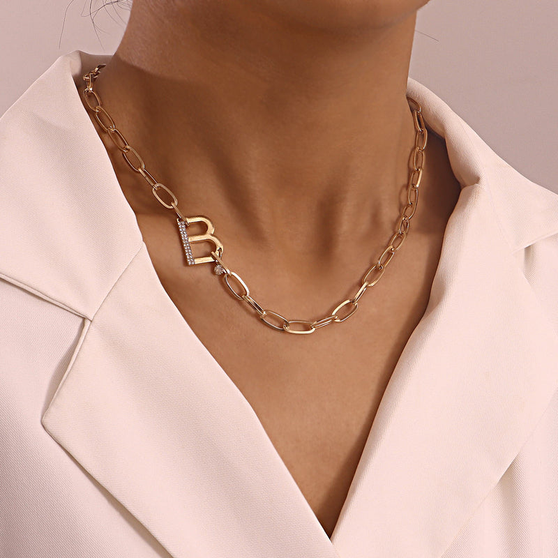 Paperclip Bamboo Link Chain Diamond Exaggerated Letter B Necklace