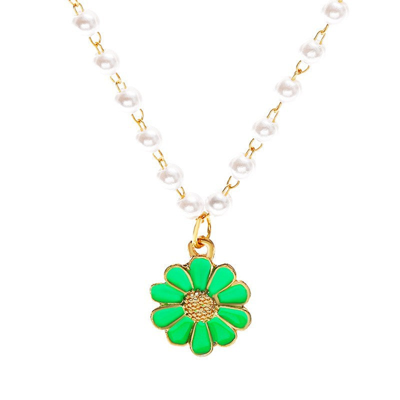 Pearl Flower Pendant Necklace Korean Style Oil Dripping Chrysanthemum