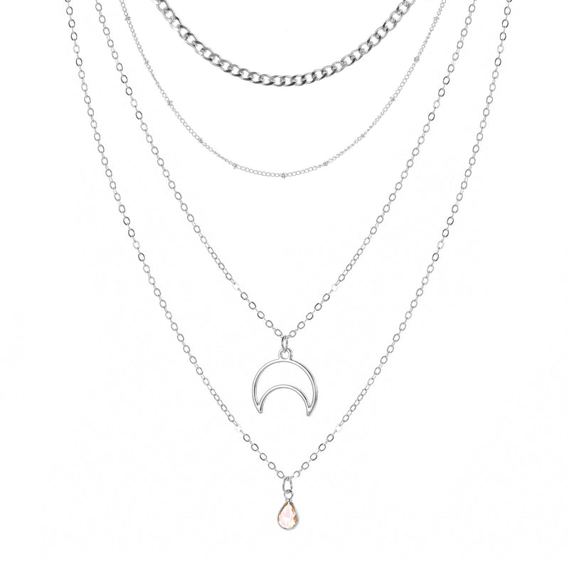 Fashion Simple Multi-layer Necklace Moon Shape Studded With Water Drop Zircon Pendant Bobo Beads Necklace