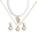 Classic Elegant Gold Pendant Pearl Necklace Earrings Set