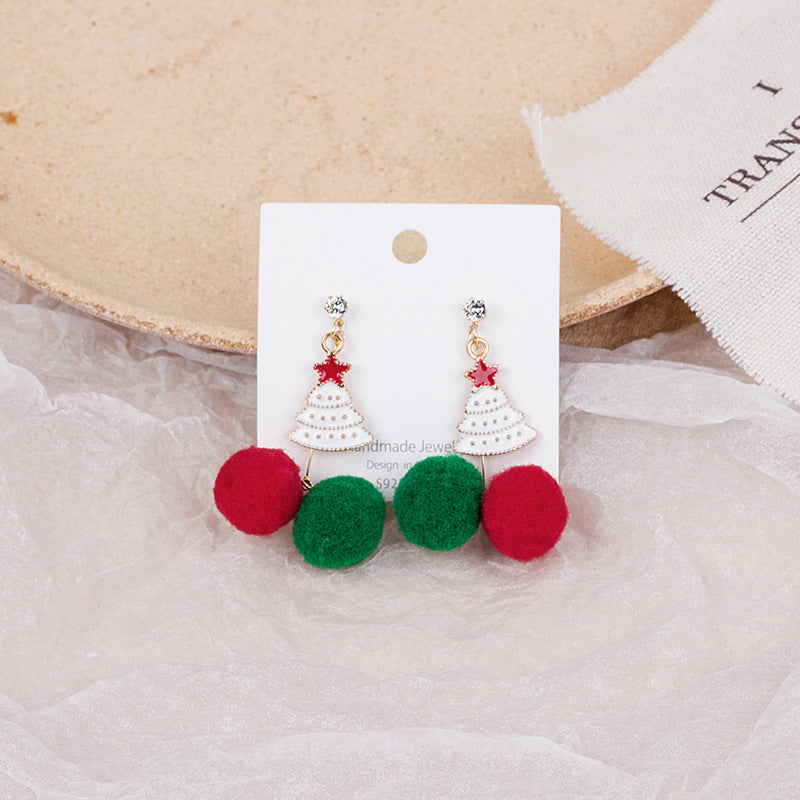 Silver Needle Christmas New Asymmetrical Hair Ball Earrings