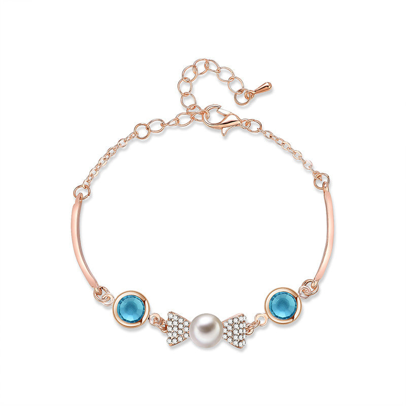 Lake Blue Crystal Embellished With Chic Exquisite Pearl And Rhinestone Hand Jewelry