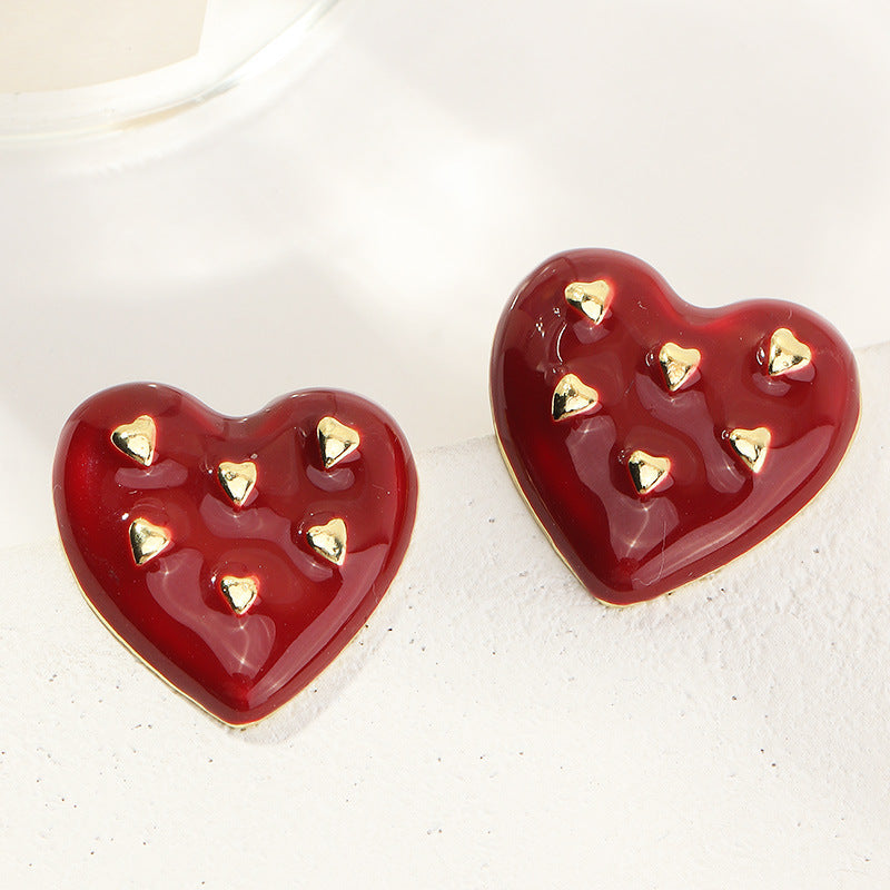 Simple Personality Trendy Drip Glaze Heart-shaped Temperament Small Red Flower Earrings