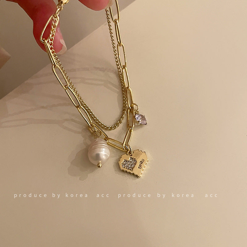 Women's Double Layer Freshwater Pearl & Diamond Love Bracelet