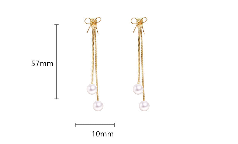 Silver Post Pearl Tassel Earrings Long Fashion Bow Stud Earrings