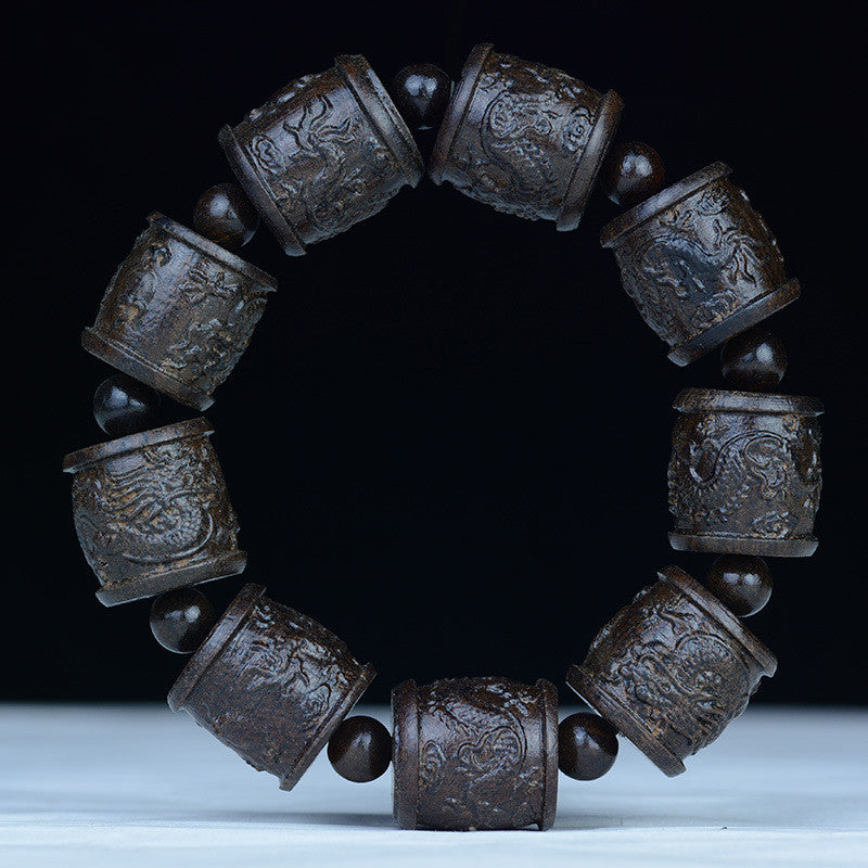 Black Leather Bracelet With Leather Gray Eighteen Arhats Carved Head Beads