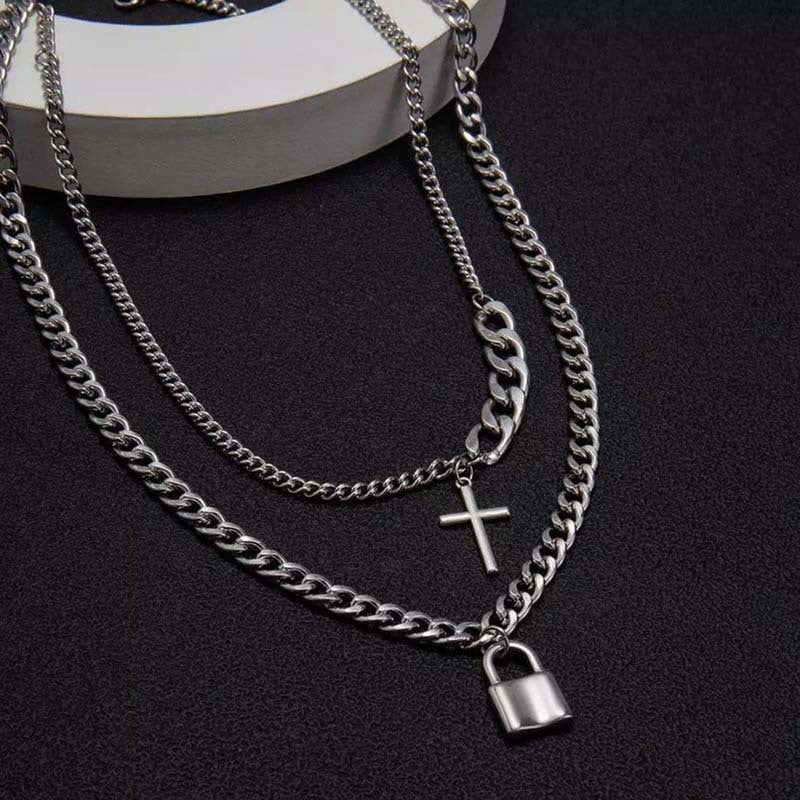 Cross Padlock Necklace Hip Hop Simple Cool Handsome Stitching Double Clavicle Chain