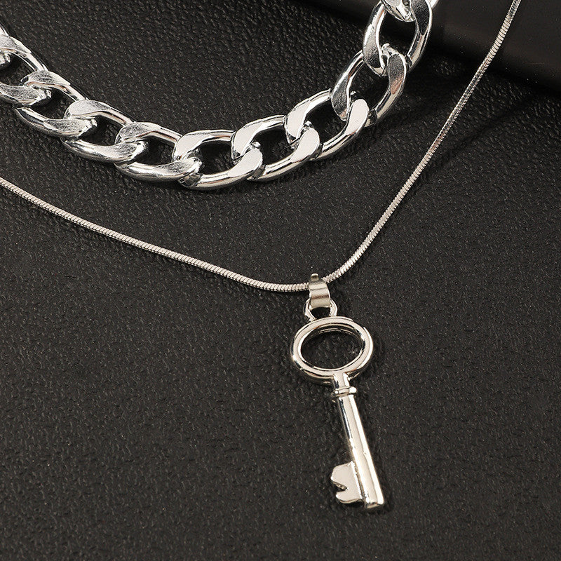 Simple Key Double-layer Necklace With Chain Metal Texture