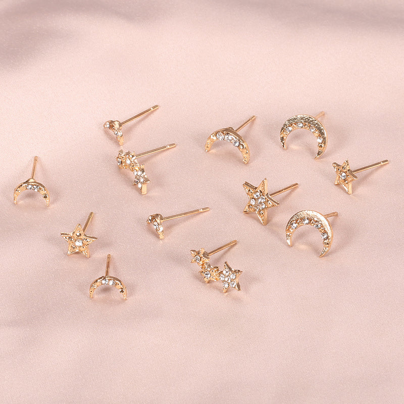 Stars And Moon With Diamonds 6 Pairs Of Stud Earrings