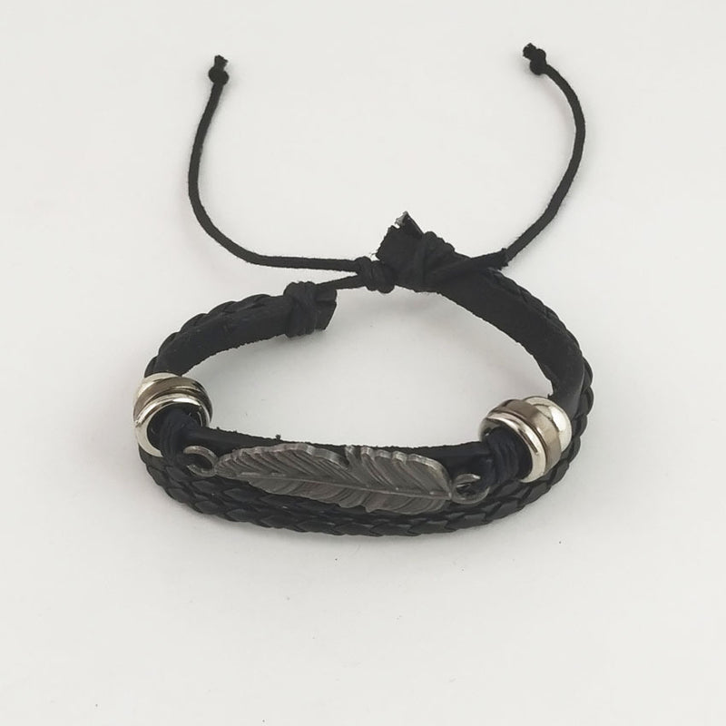 Multi Layer Leaf Feather Pu Leather Hand Fashion Bracelet
