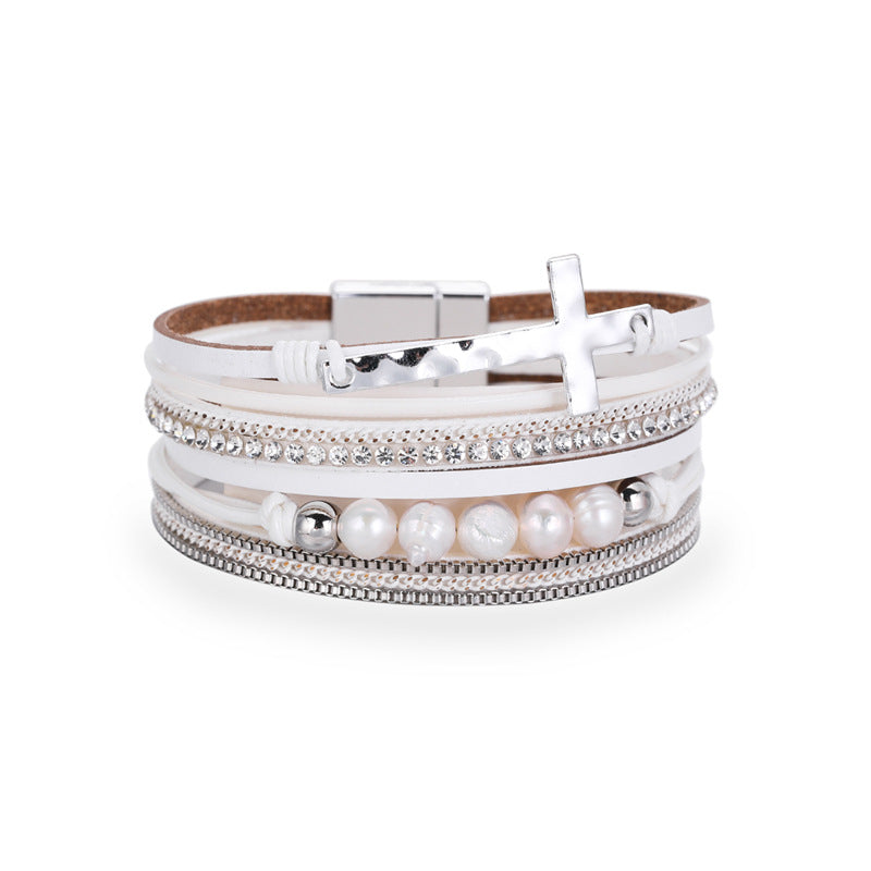 Bohemian PU Leather Bracelet Multi-layer Wide-brimmed Cross Handmade String Pearl Bracelet