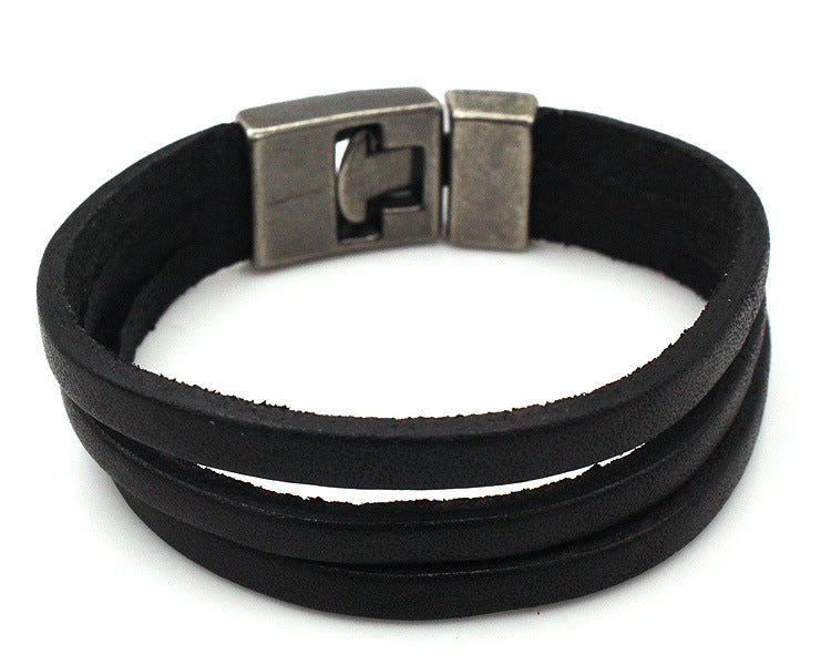 Metal T Shape Buckle Three Leather Bracelet