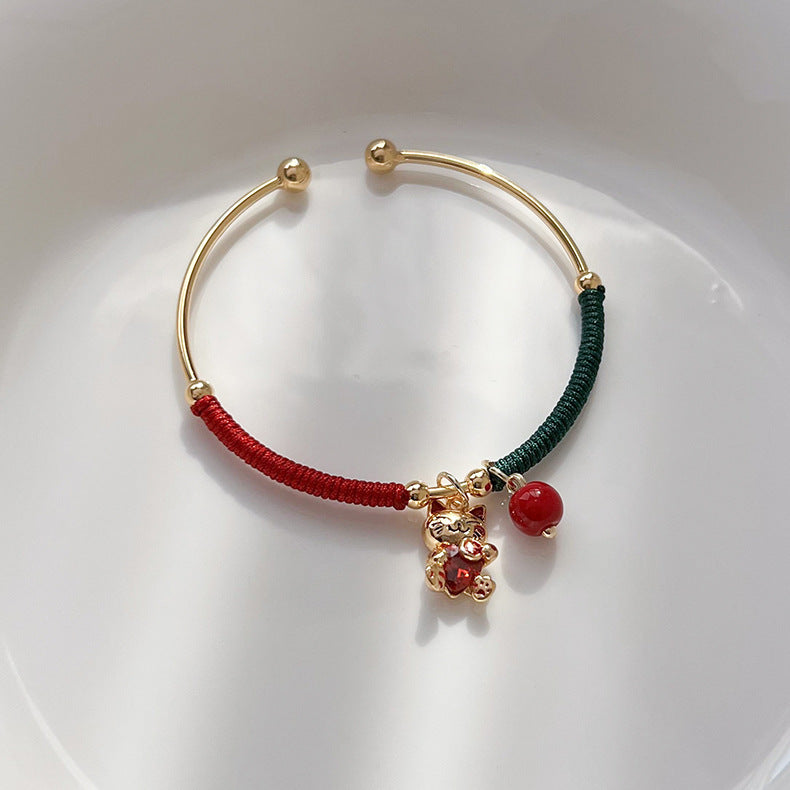 Chinese Style Antique Winding Red String Kitten Pendant Bracelet