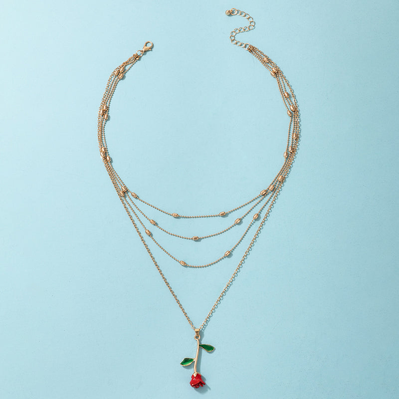 Rose Flower Dripping Oil Alloy Multilayer Necklace