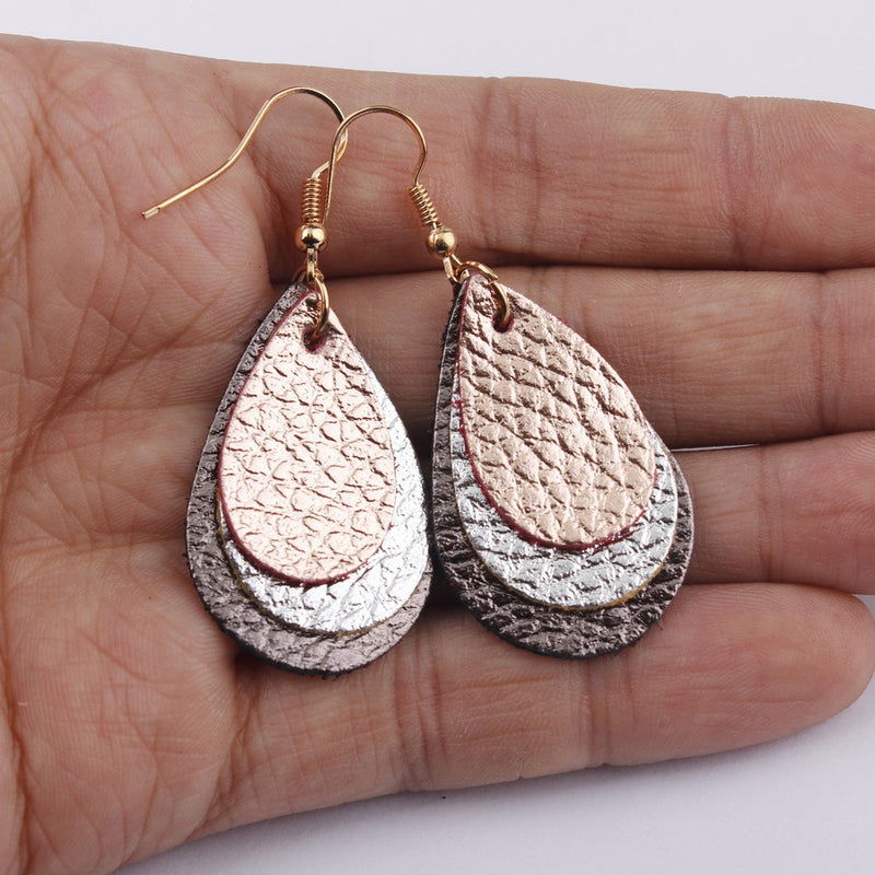 Three Layered Glitter Pride Litchi Print PU Leather Teardrop Earrings Rose Gold Multi-layer Leather Hook Earrings Brincos