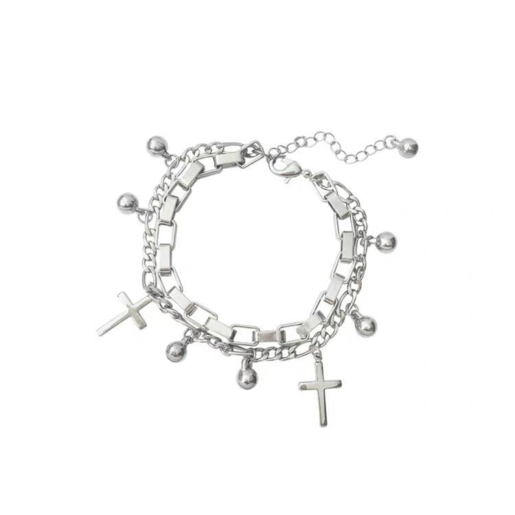 Fashion All-match Metal Double-layer Cross Pendant Multi-layered Bracelet