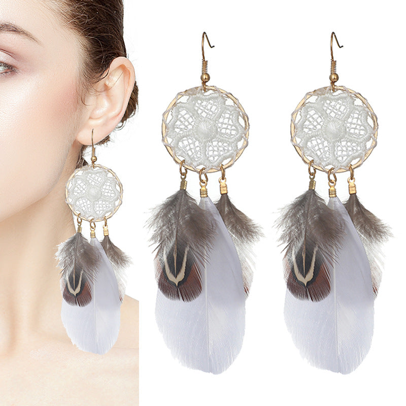 Women's Dream Catcher Flower Braided Feather Earrings