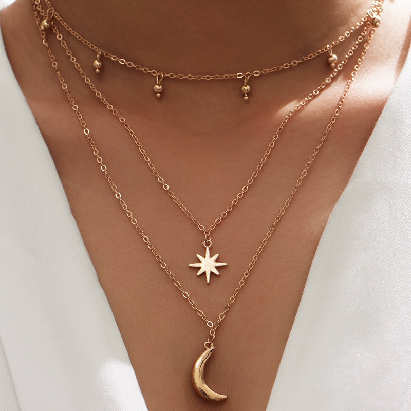 Fashion Gold Plated Moon And Stars Multilayer Necklace