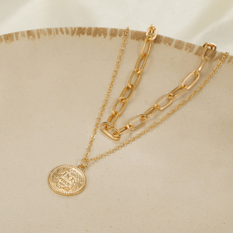 Gold Double-Layer Chain Geometric Medal Head Necklace