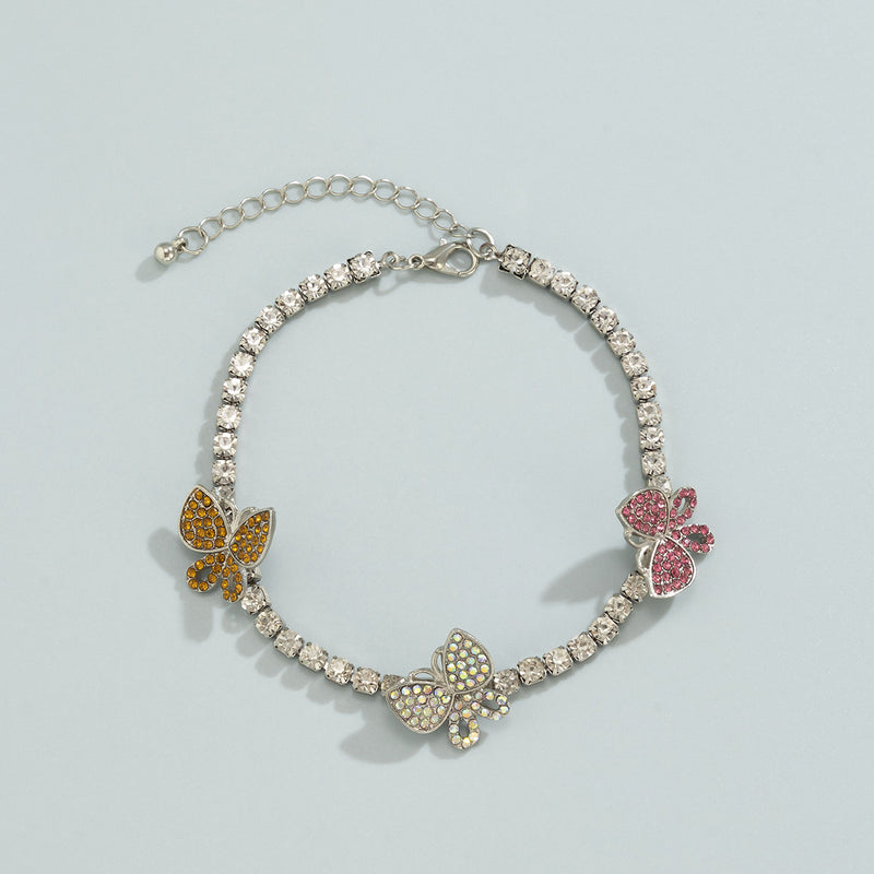 Color Butterfly Single Layer Anklet With Micro-inlaid Rhinestone Claw Chain