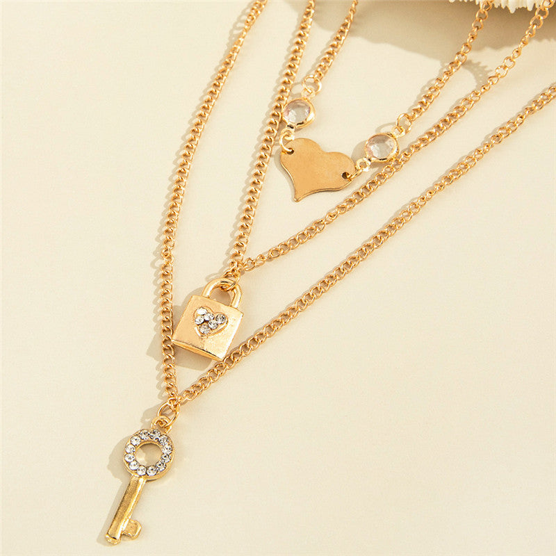 Geometric Key Lock-shaped Pendant Chain Love Heart Necklace Three-piece Set