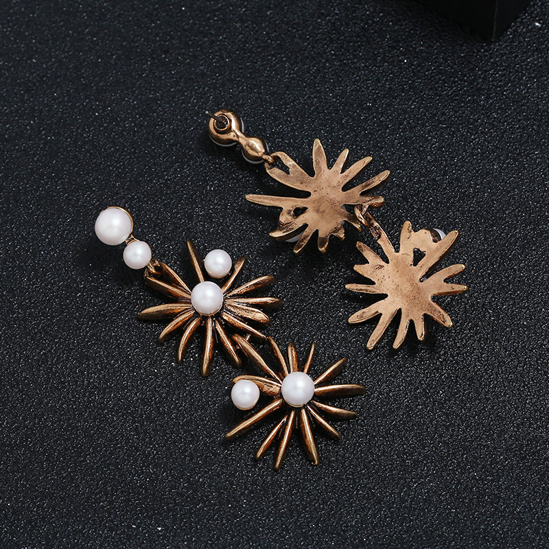 Vintage Metal Inlaid Pearl Tassel Sun Flower Stud Earrings