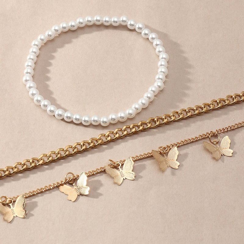 Retro Hip Hop Chain Pearl Simple Butterfly Anklet