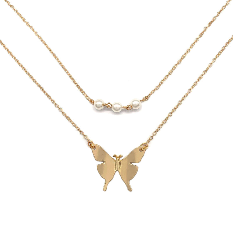 Double Pearl Butterfly Necklace Female Simple Light Luxury Temperament Trend Retro Jewelry Clavicle Chain Pendant