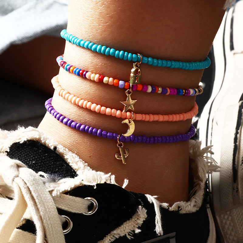 Jewelry Personality Creative Trend Rice Bead Anklet Lock Pendant Hand-woven