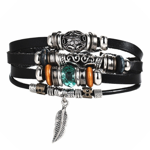 Black Men's Leather Bracelet Creative Simple Feathers