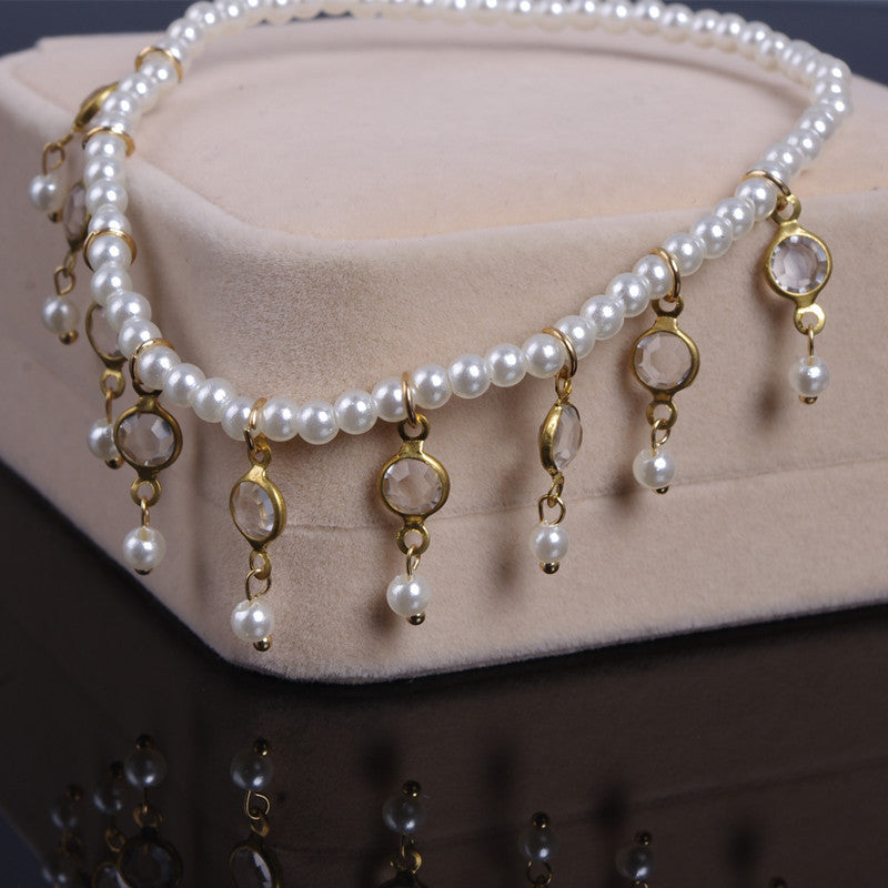 All-match Pearl Crystal Tassel Elastic Anklet