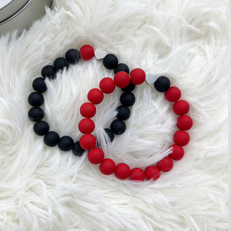 Black Red Bead String Elastic Titanium Steel Heart Shape Charm Hole Bead Bracelet