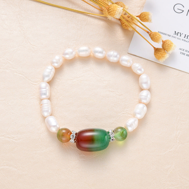 Simple Freshwater Pearl & Chalcedony Agate Stone Rice Bead Bracelet