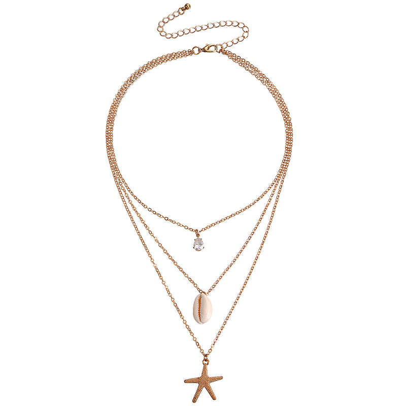 Multilayer Zircon Starfish Shell Pendant Necklace Women