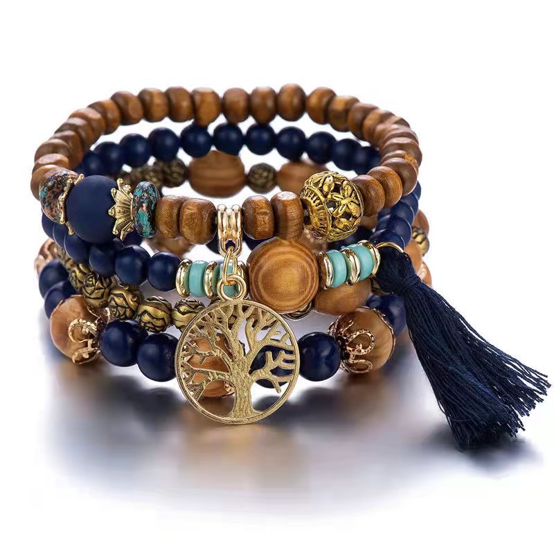 Multilayer Beaded Wooden Tassel  Bracelet