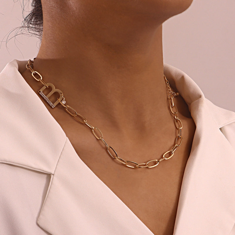 Paperclip Bamboo Link Chain Diamond Exaggerated Letter B Necklace