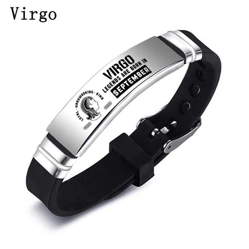 12 Zodiac Sign Constellation Stainless Steel Silicone Band Adjustable Bracelet Bangle