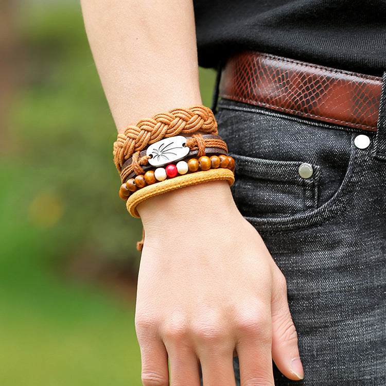 Multi-piece Cowhide Leather Bracelet With Leaf Charm
