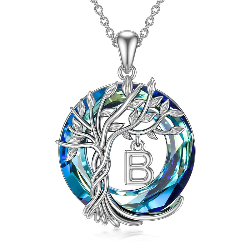 New Tree Of Life Initial Necklace Round Blue Austrian Crystal