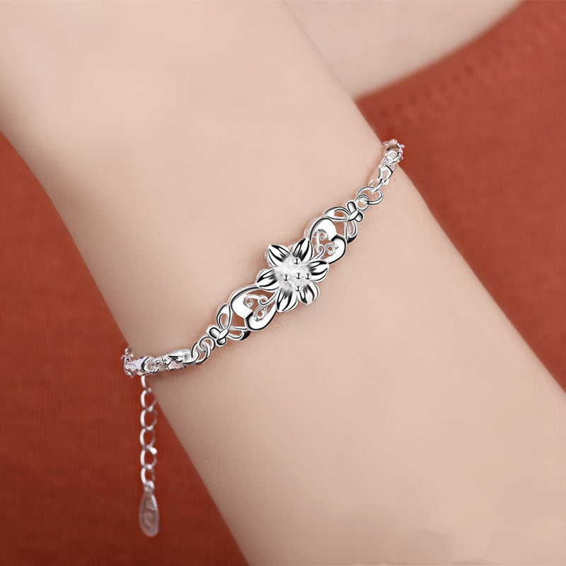 Sterling Silver with Butterfly Love Flower Pendant Bracelet