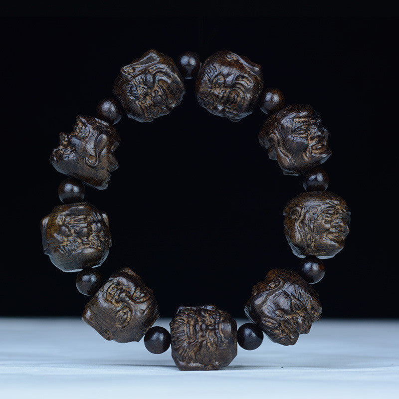 Black Leather Bracelet With Leather Gray Eighteen Arhats Carved Head Beads